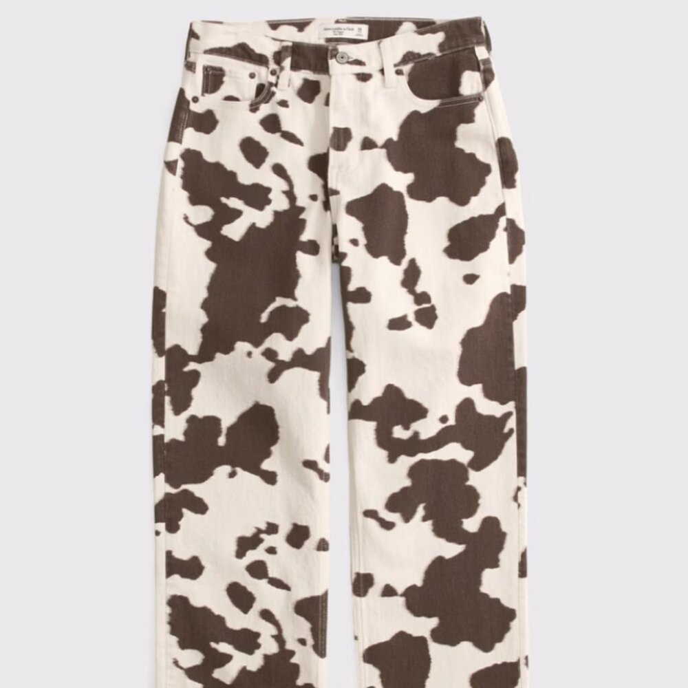 Abercrombie & Fitch White and Brown Cow Print Wide-Leg Jeans